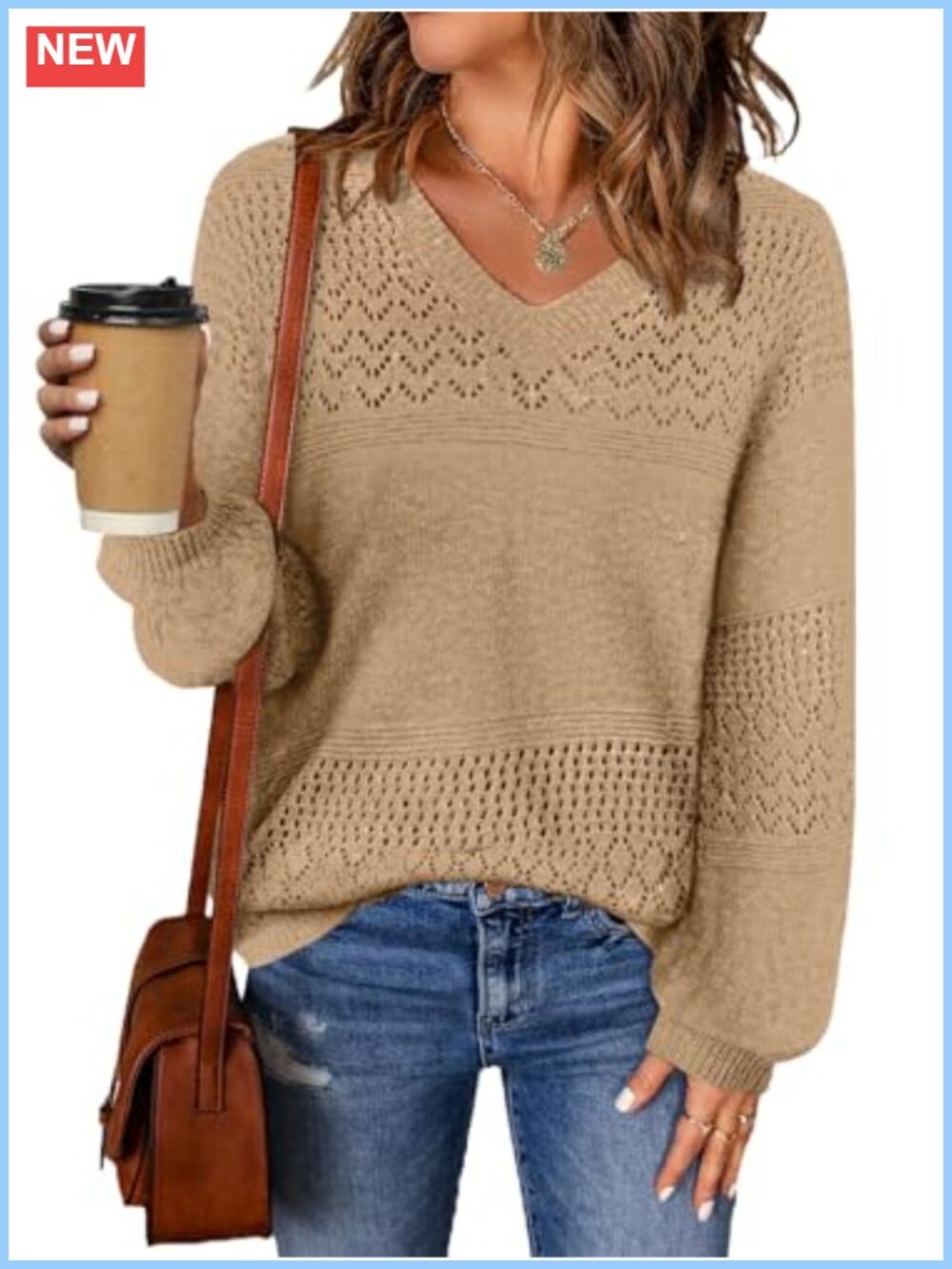MixShe Womens Knit Sweater Loose V Neck Long Sleeve Pullover Casual Top